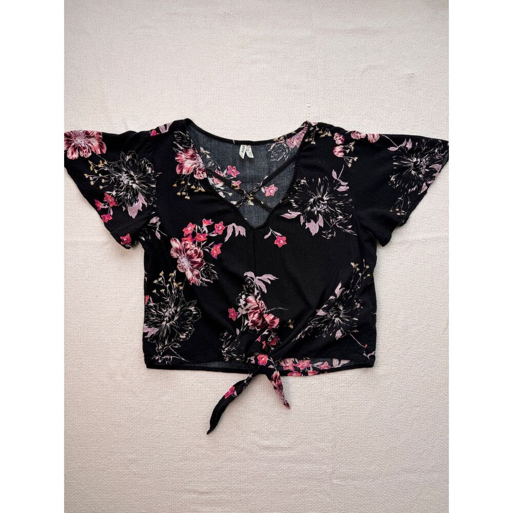Mudd Floral Tie Front Crop Top Black Pink Rayon Women's Small
